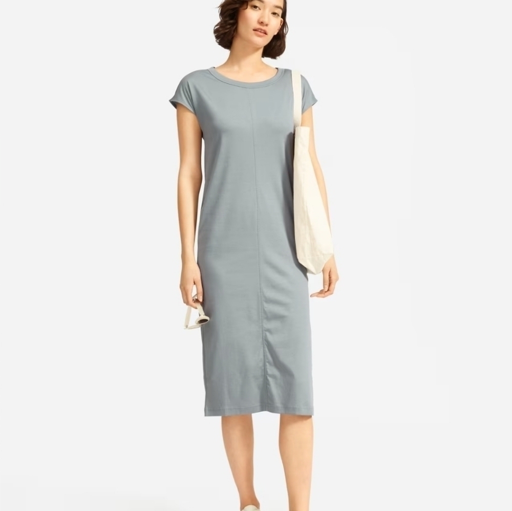 Everlane The Luxe Cotton Side Slit Tee Dress Muted Blue Knee Length